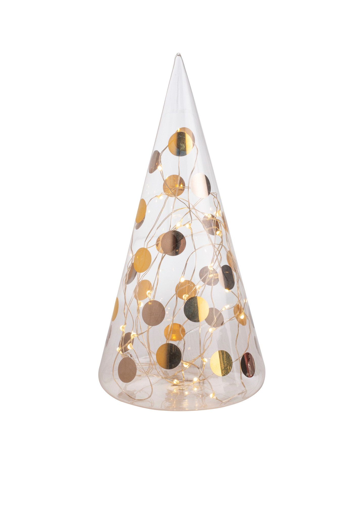 Living Glastanne mit Punkten und Lichtern, festliche Weihnachtsdeko für Tisch und Fenster.