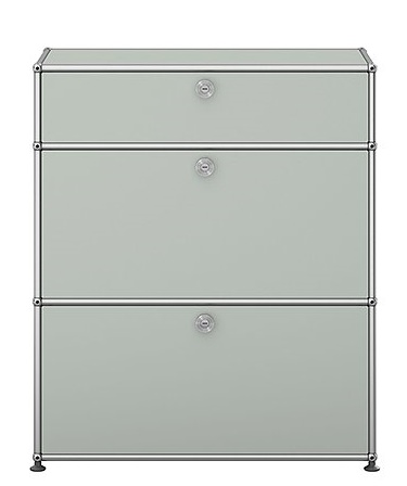 USM Haller Highboard in Lichtgrau mit zwei Klappen, modernes Designmöbel für Wohnzimmer und Büro.
