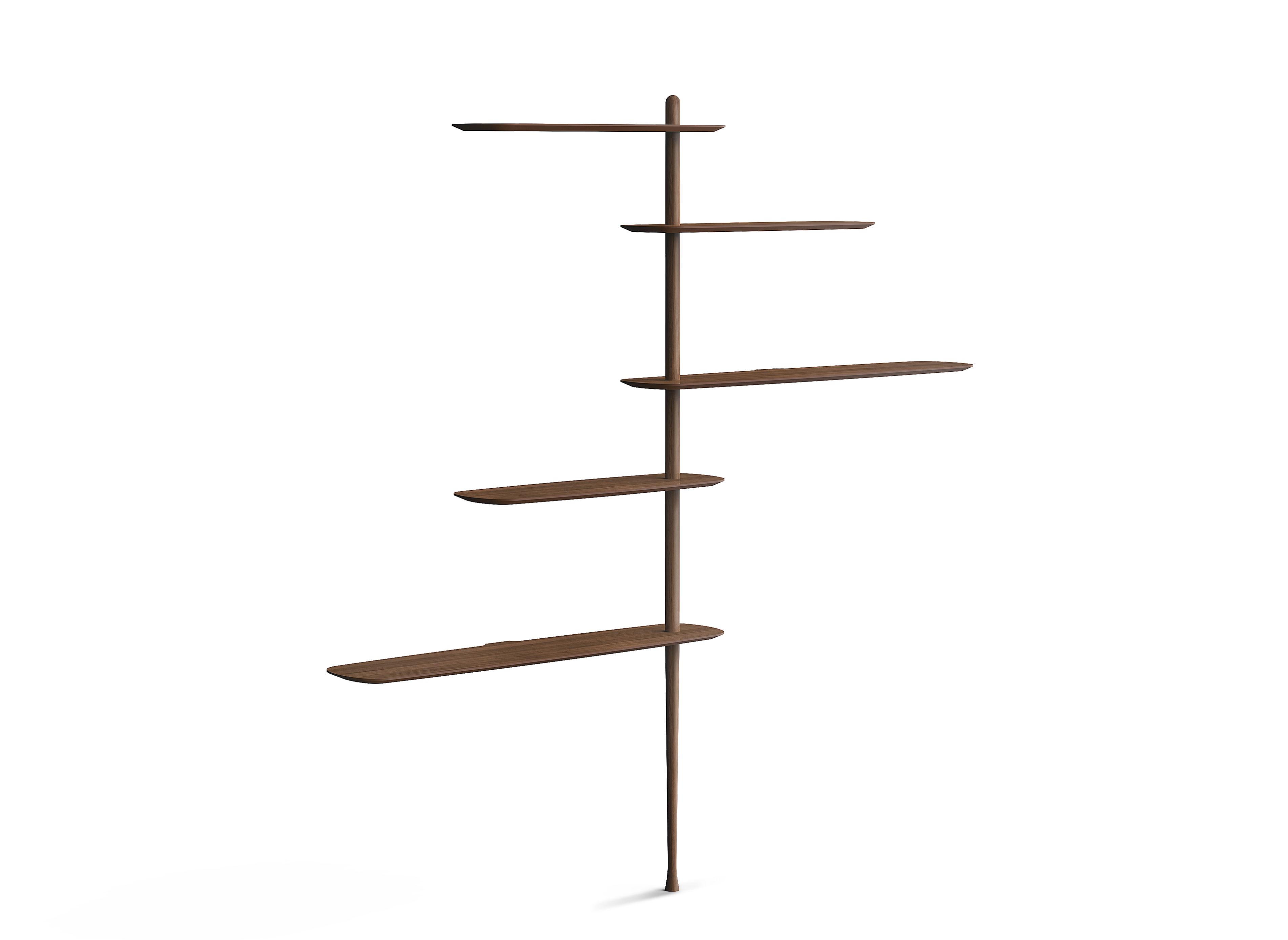 Única Collection Regal mit fünf Ablageflächen aus Walnussholz, modernes Design für Wohnzimmer und Büro.