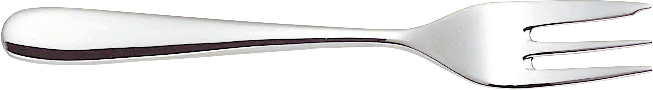 Nahaufnahme einer Gabel aus der Alessi Nuovo Milano Besteckgarnitur. Hochwertiges, glänzendes Edelstahlbesteck.