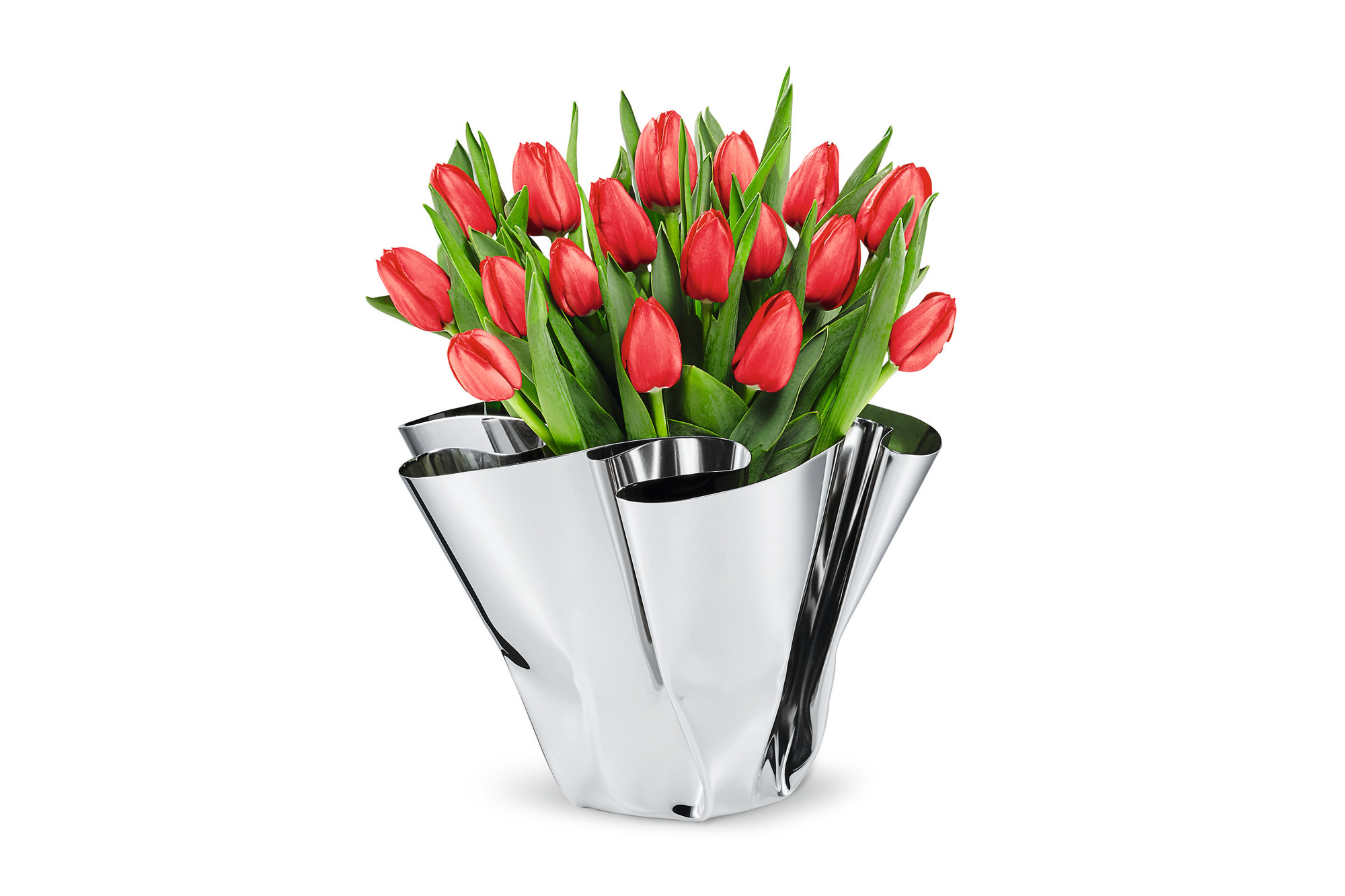 Margeaux Vase von Philippi, silberne Design-Vase mit roten Tulpen, moderne Blumenvase für Wohnaccessoires.