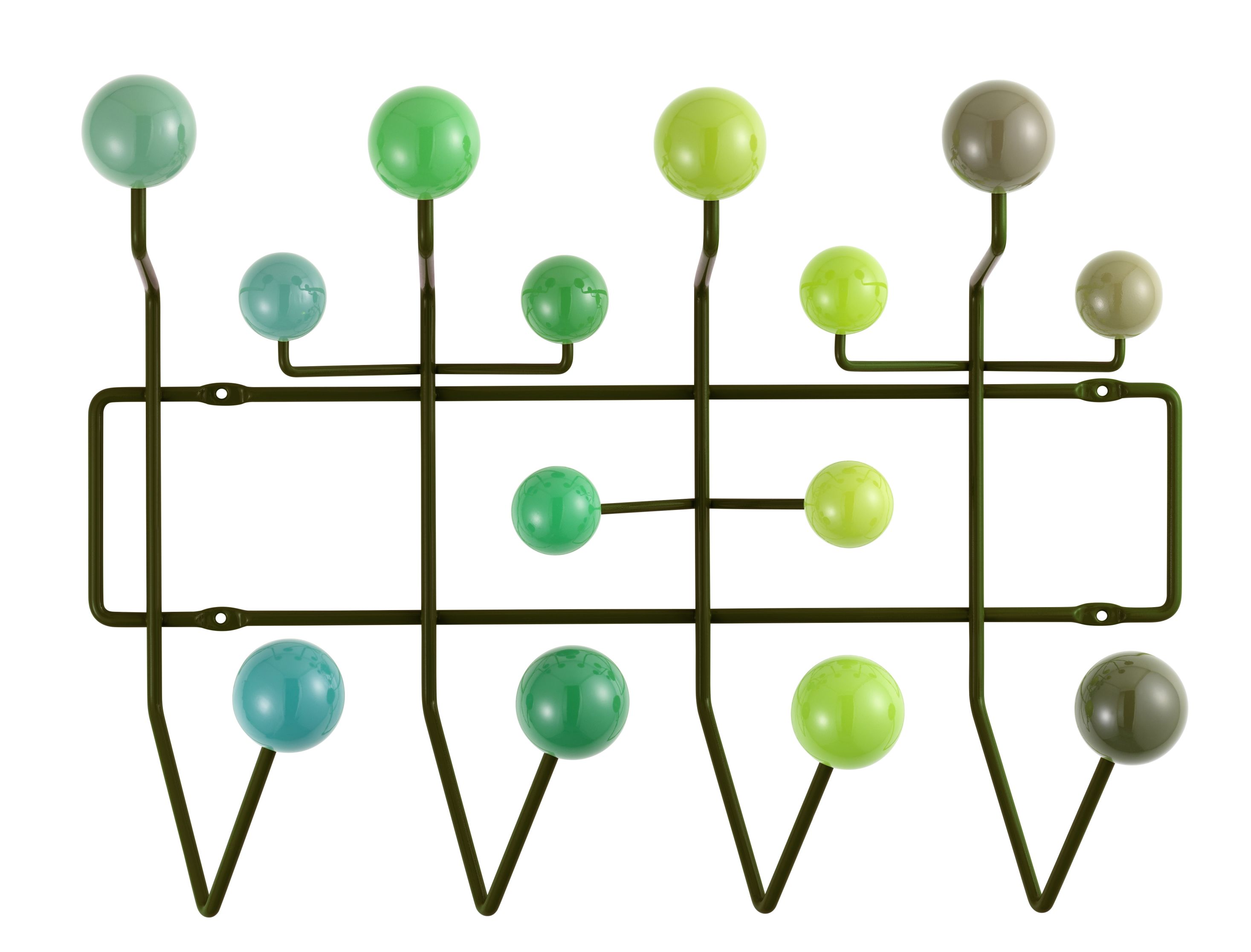Grüne Eames Hang it all Garderobe von Vitra mit bunten Kugeln und Stahlgestell. Designklassiker für Flur und Kinderzimmer.