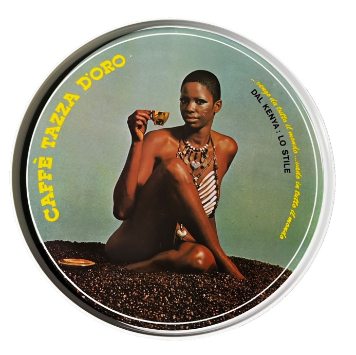 Caffè Tazza d'Oro Tablett, rund, grün, mit Vintage-Motiv einer Frau mit Kaffeetasse.