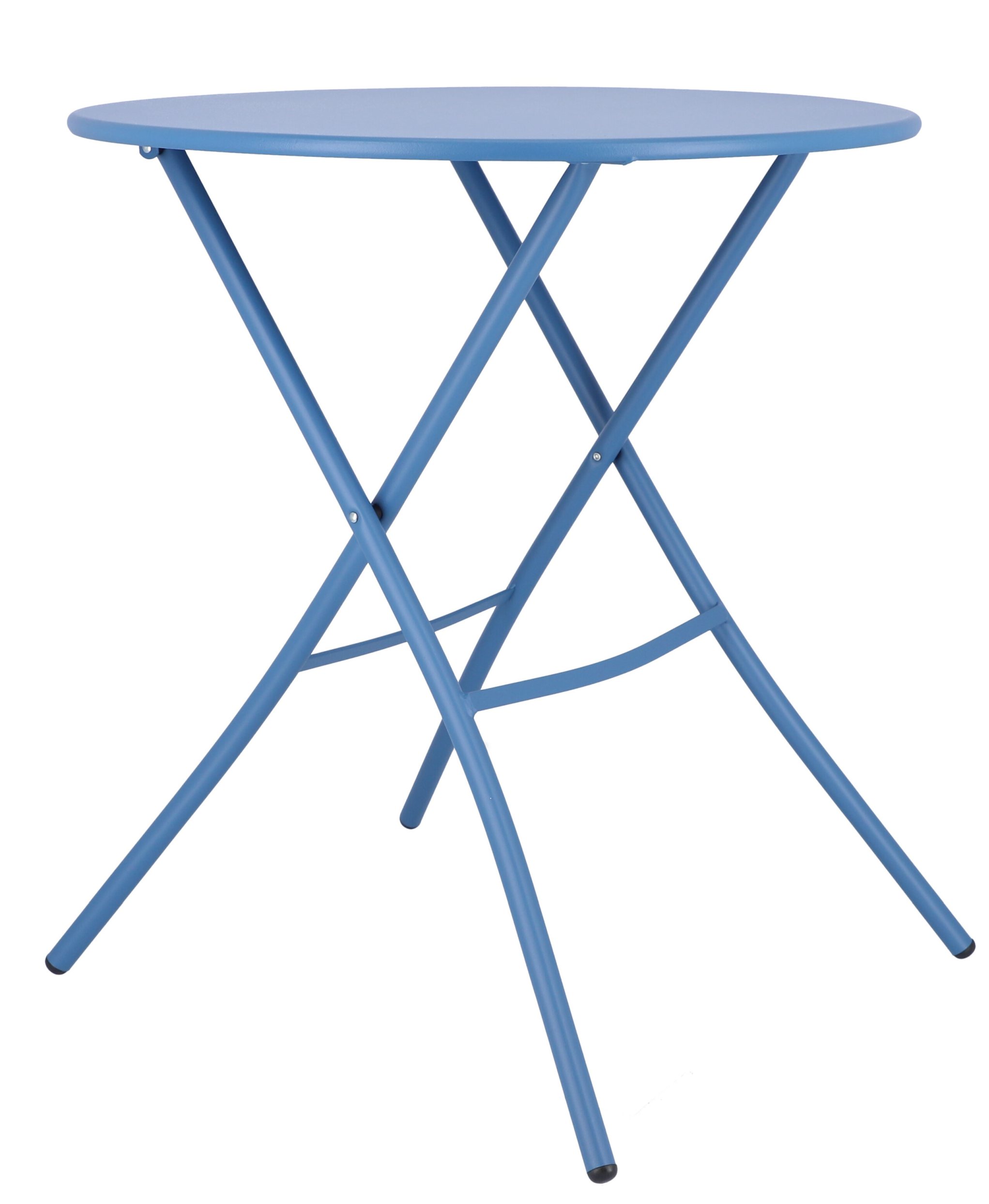 Blauer Fiam Sirio Klapptisch von Jan Kurtz, runder Gartentisch für Balkon und Terrasse.