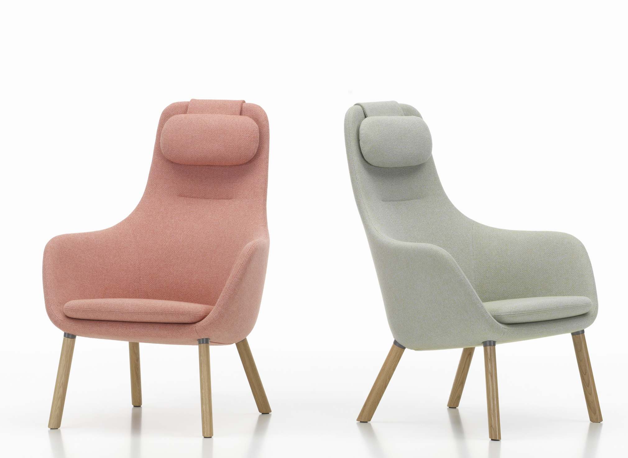 Zwei Hal Lounge Chair Sessel von Vitra in Rosa und Grau mit Holbeinen.