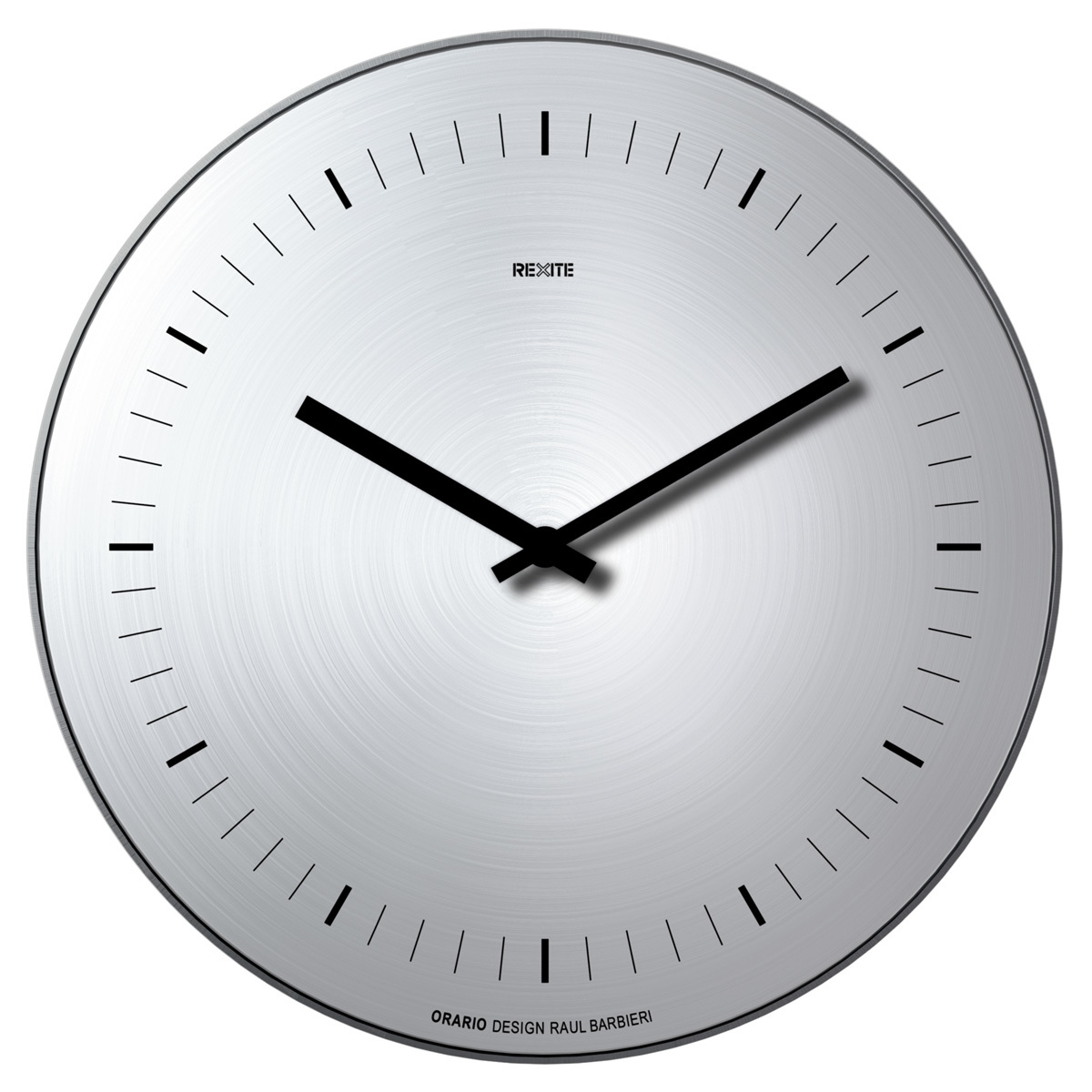 Silberne Orario Wanduhr von Rexite aus Aluminium, minimalistisches Design ohne Zahlen, moderne Wohnaccessoires.