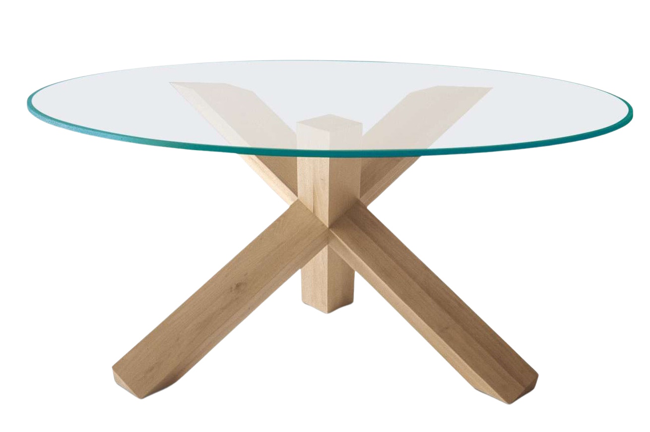 Cassina La Rotonda Esstisch mit runder Glasplatte und hellem Holzfuß in X-Form.