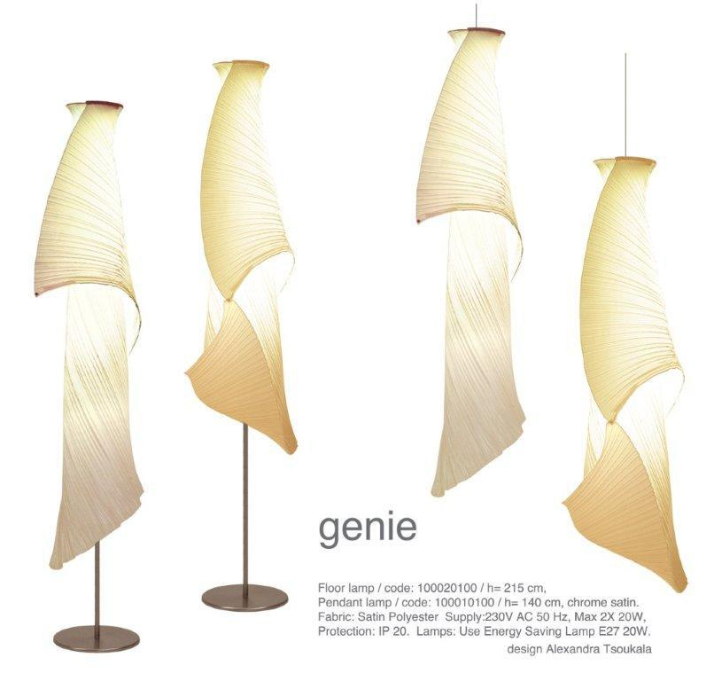Genie Stehleuchte von Alexandra Tsoukala, moderne Designerlampe aus Stoff, beige und weiß.