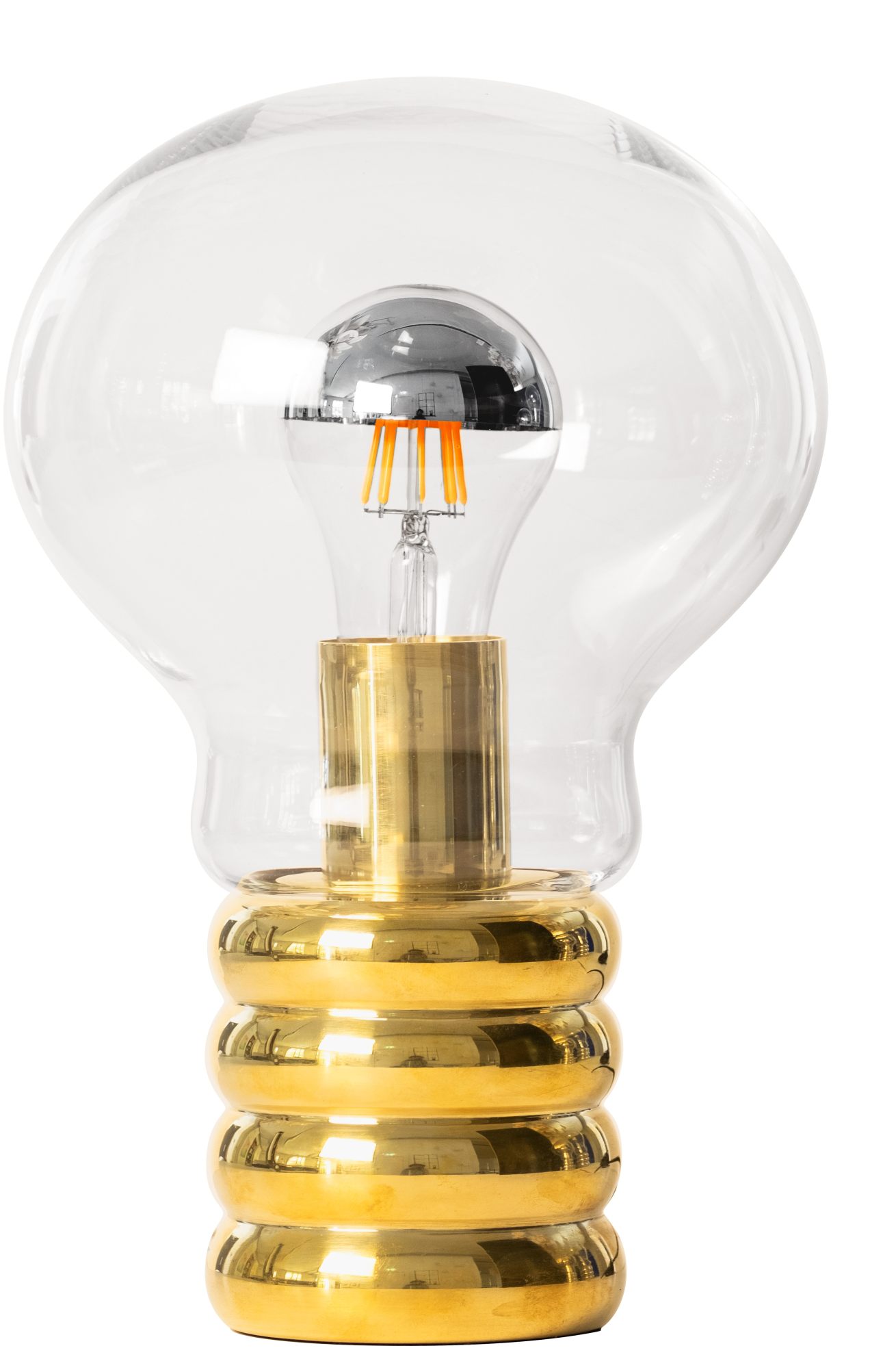 Bulb Brass Tischleuchte von Ingo Maurer: Detailaufnahme der goldenen Lampe mit Glühbirne im Inneren.