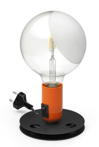 Lampadina Tischleuchte von Flos, orangefarbener Sockel, große Glühbirne mit Reflektor.