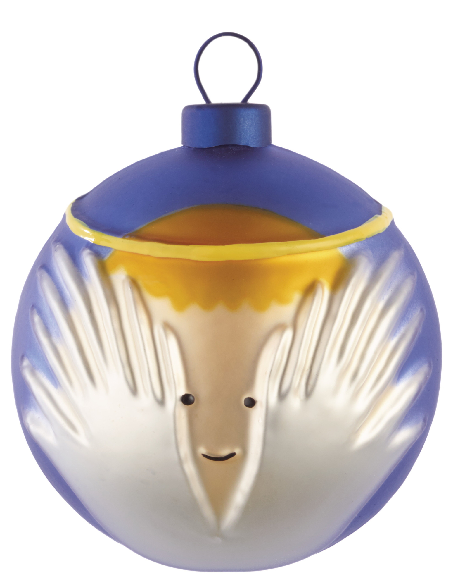 Alessi Weihnachtskugel Engel, blau-goldene Christbaumkugel mit Engelsgesicht für festliche Dekoration.