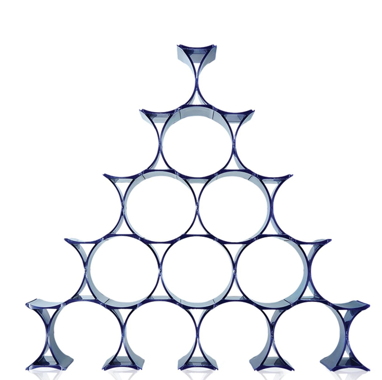Blaues Kartell Infinity Flaschenregal in Pyramidenform für neun Flaschen, modernes Design.