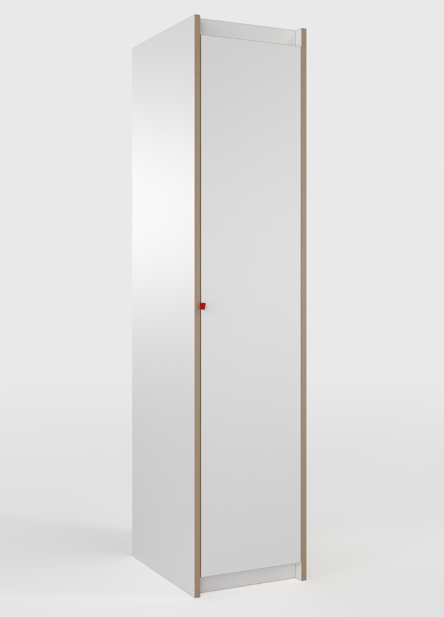 Weißer Tojo Steh Schrank Grundmodul mit Tür und rotem Griff, minimalistisches Design.