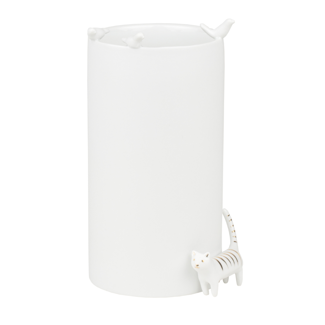 Vogelschwarm Porzellangeschichten Vase von Räder: Weiße, zylindrische Blumenvase mit Vogel- und Katzenfiguren als verspieltes Dekor.