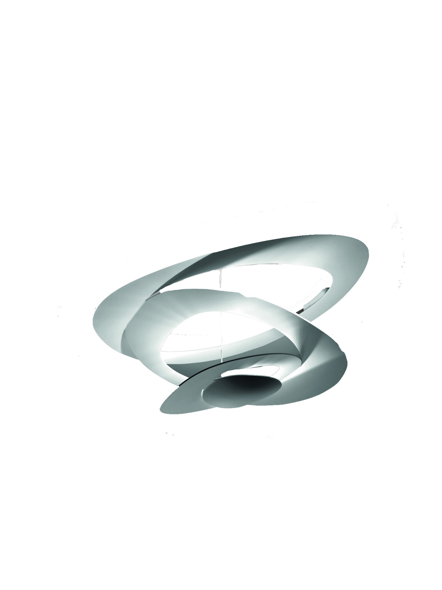 Weiße Pirce Deckenleuchte von Artemide: Moderne Designerlampe mit spiralförmigen Aluminiumscheiben für indirekte Beleuchtung.