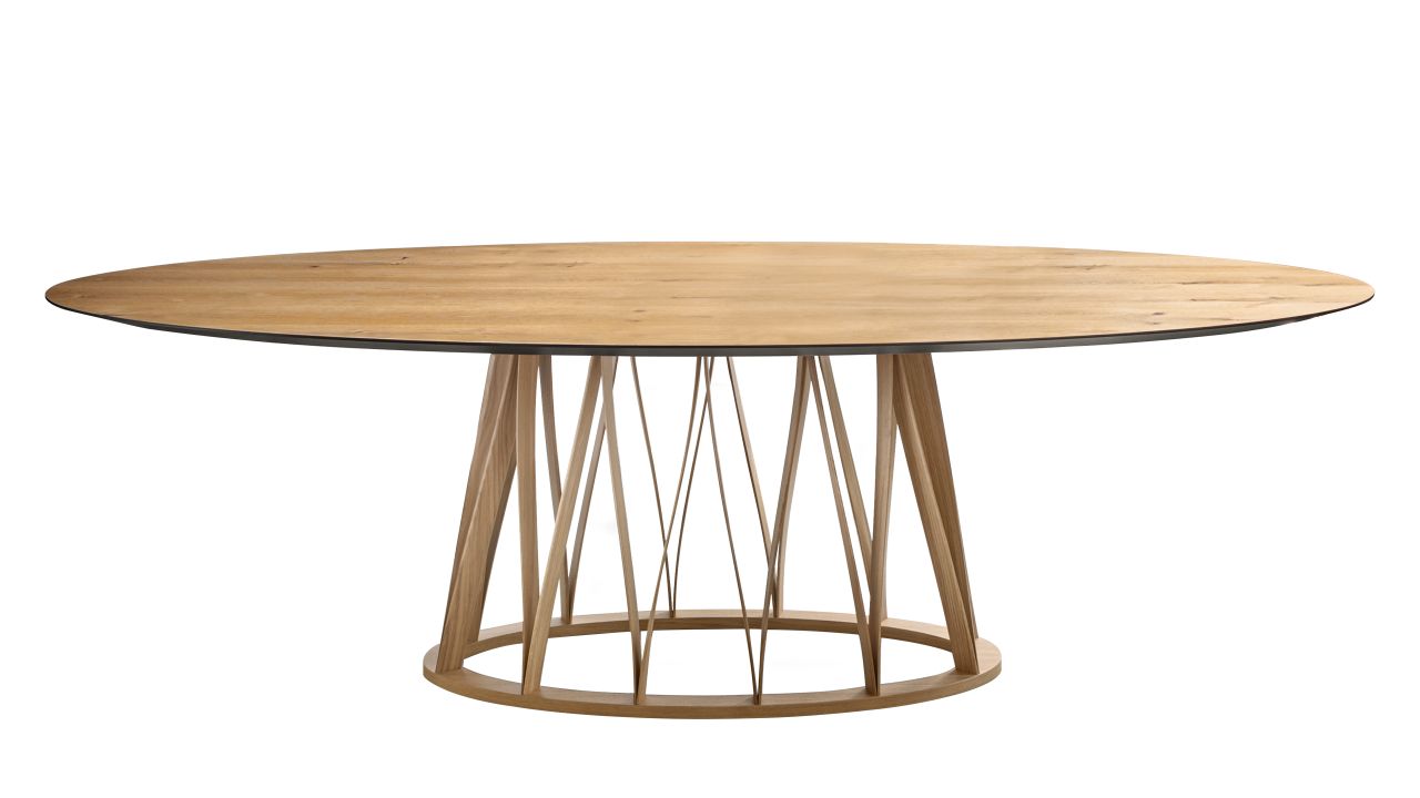 Acco Tisch von Miniforms: Ovaler Esstisch aus Holz mit einzigartigem, modernem Untergestell.