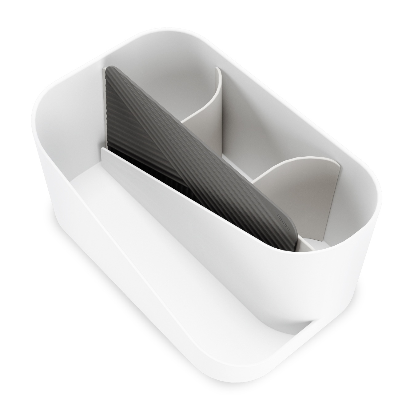 Weißer Umbra Organizer für Haarpflegeprodukte mit Fächern und grauer Ablage für Glätteisen oder Lockenstab.
