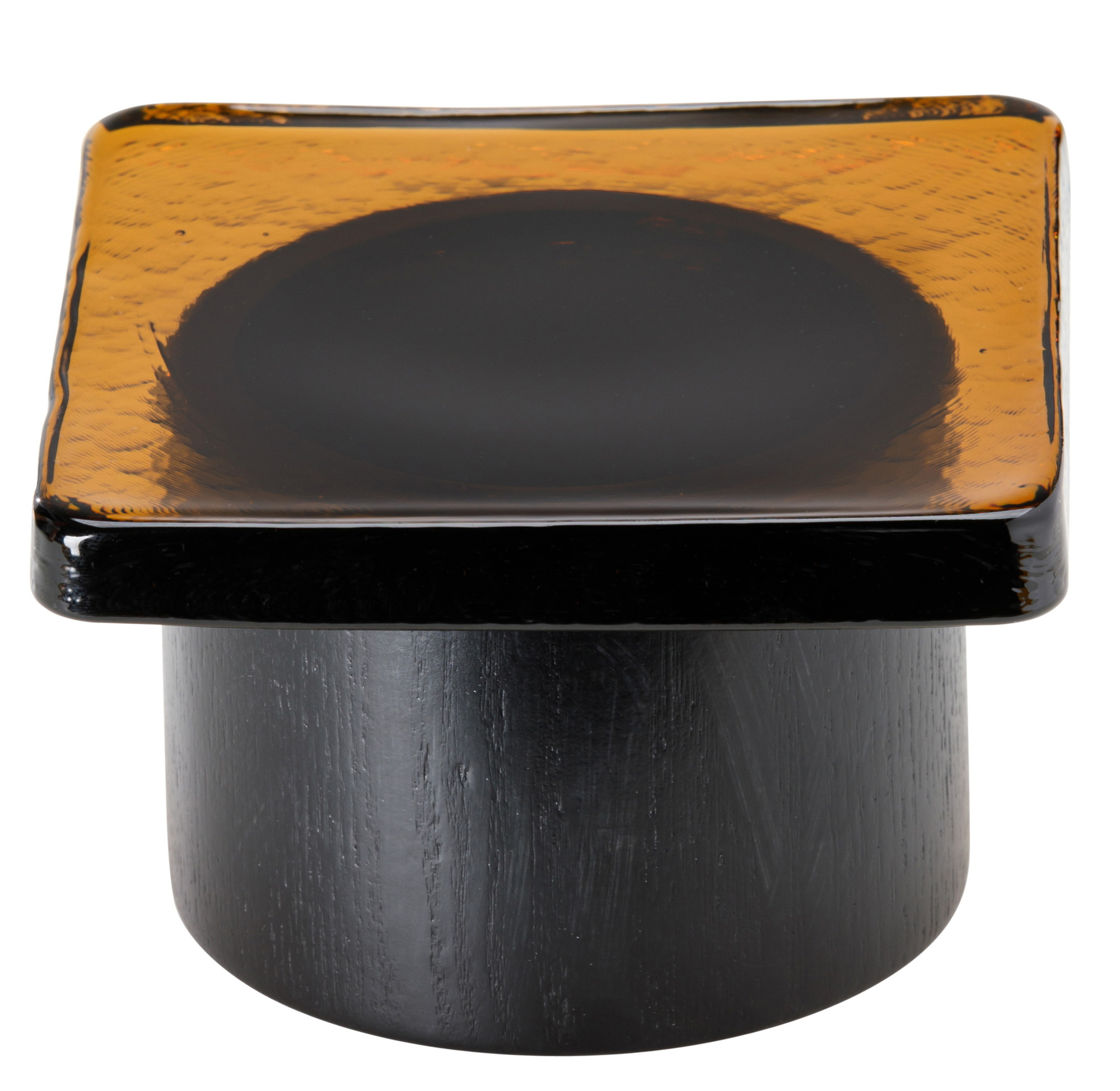 Pieduccio Favius Schale mit Deckel: Quadratische Glas-Schale in Bernstein auf dunklem Holzfuß.