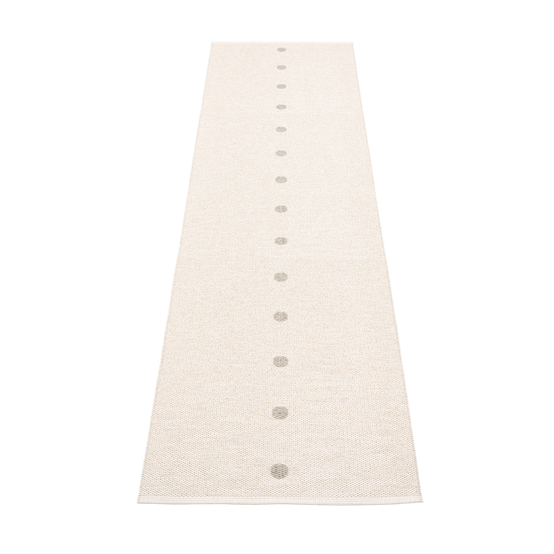 Beiger Kunststoffteppich von Pappelina, Modell Peg, mit grauen Punkten, Größe 70x280 cm.