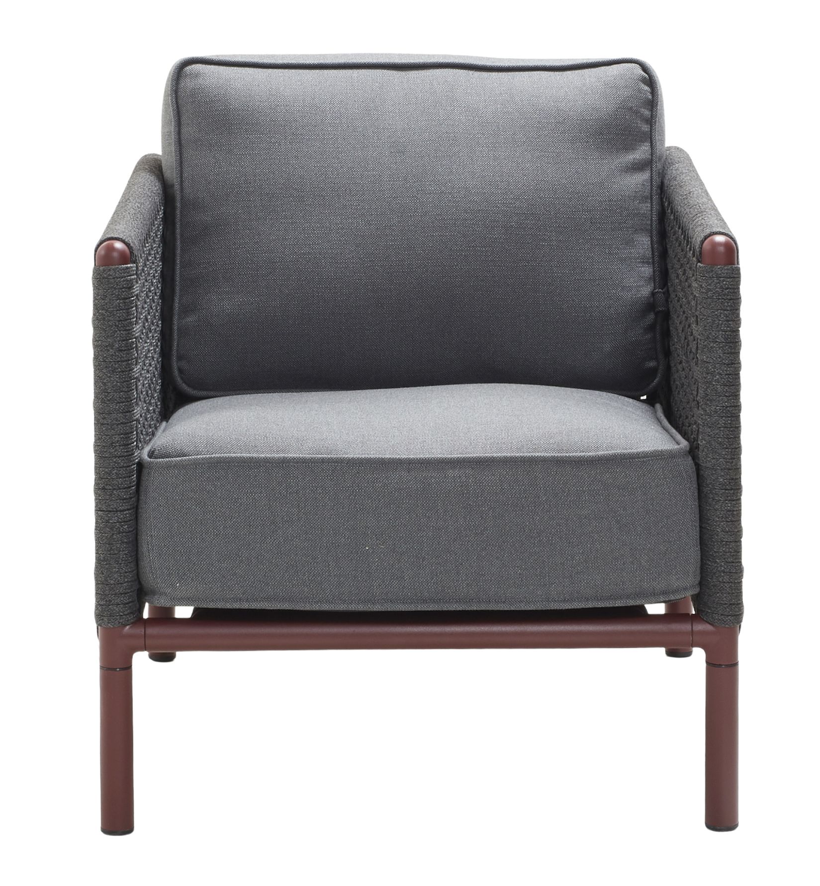 Encore Loungesessel in Bordeaux mit grauem AirTouch Kissen von Cane-Line, moderne Gartenmöbel.