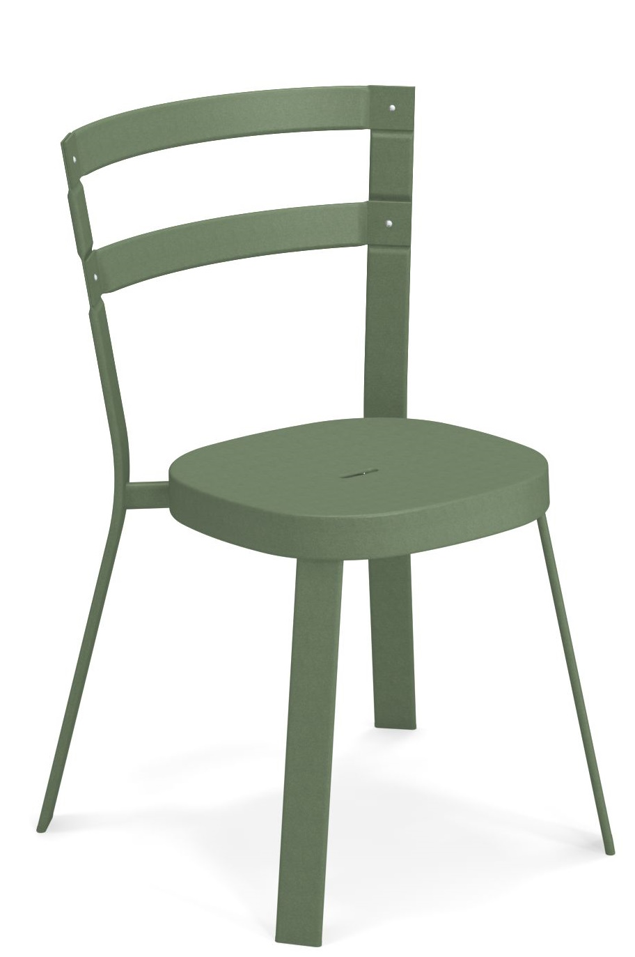 Thor Chair von Emu, grüner Outdoor-Stuhl aus Metall mit Lattenmuster im Rücken und minimalistischem Design.