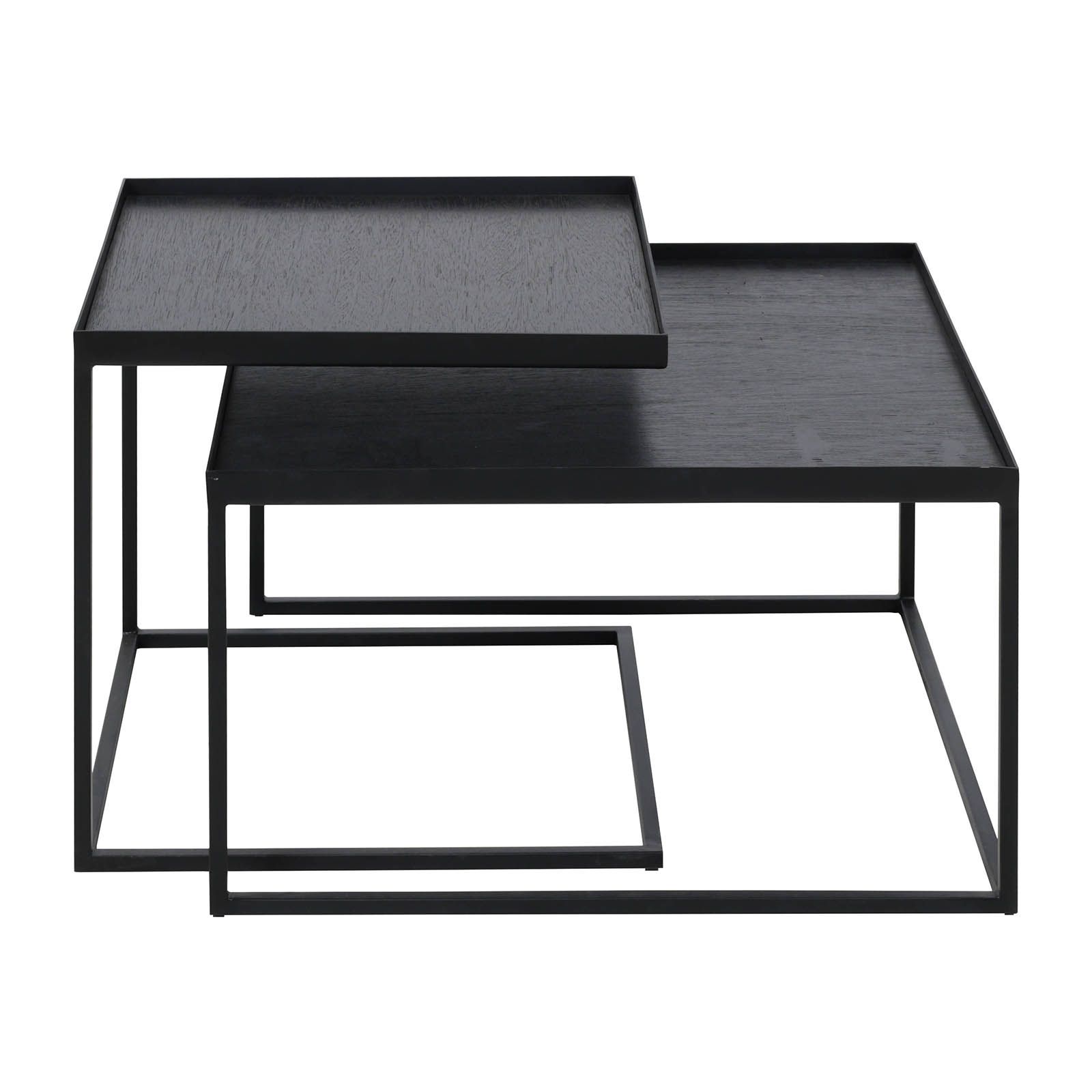 Schwarzes Ethnicraft Couchtisch 2er Set, quadratische Form, minimalistisches Design mit Holzplatte und Metallgestell.