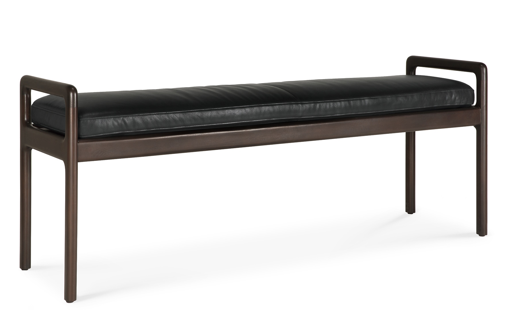 Jack Bank von Ethnicraft mit schwarzem Lederpolster, Sitzbank aus Holz für Wohnzimmer.