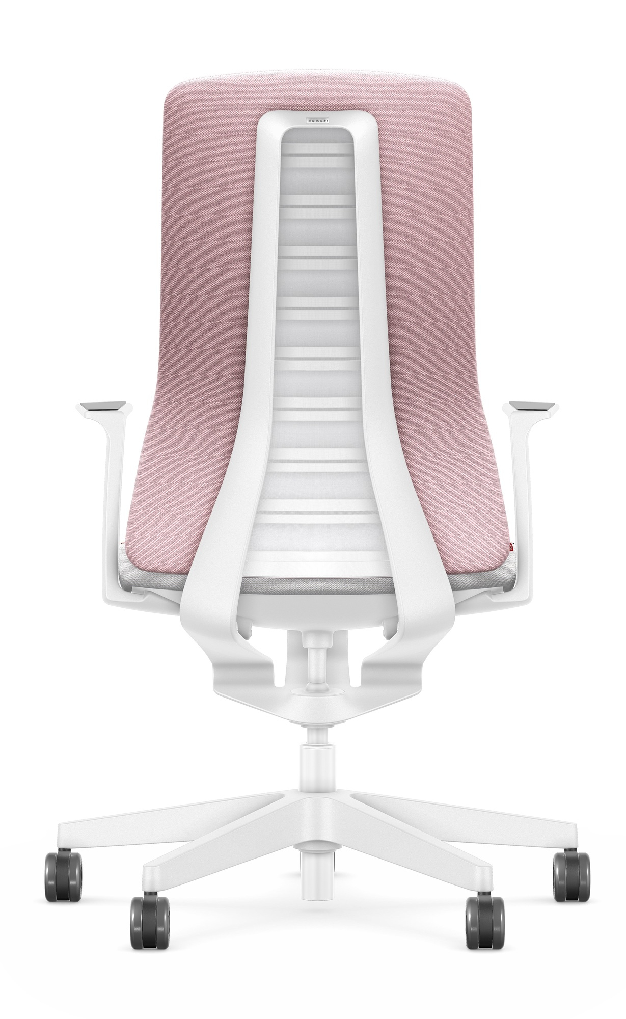Rückansicht des Interstuhl Bürodrehstuhls Pure Edition Interior in Rosa mit weißem Gestell.