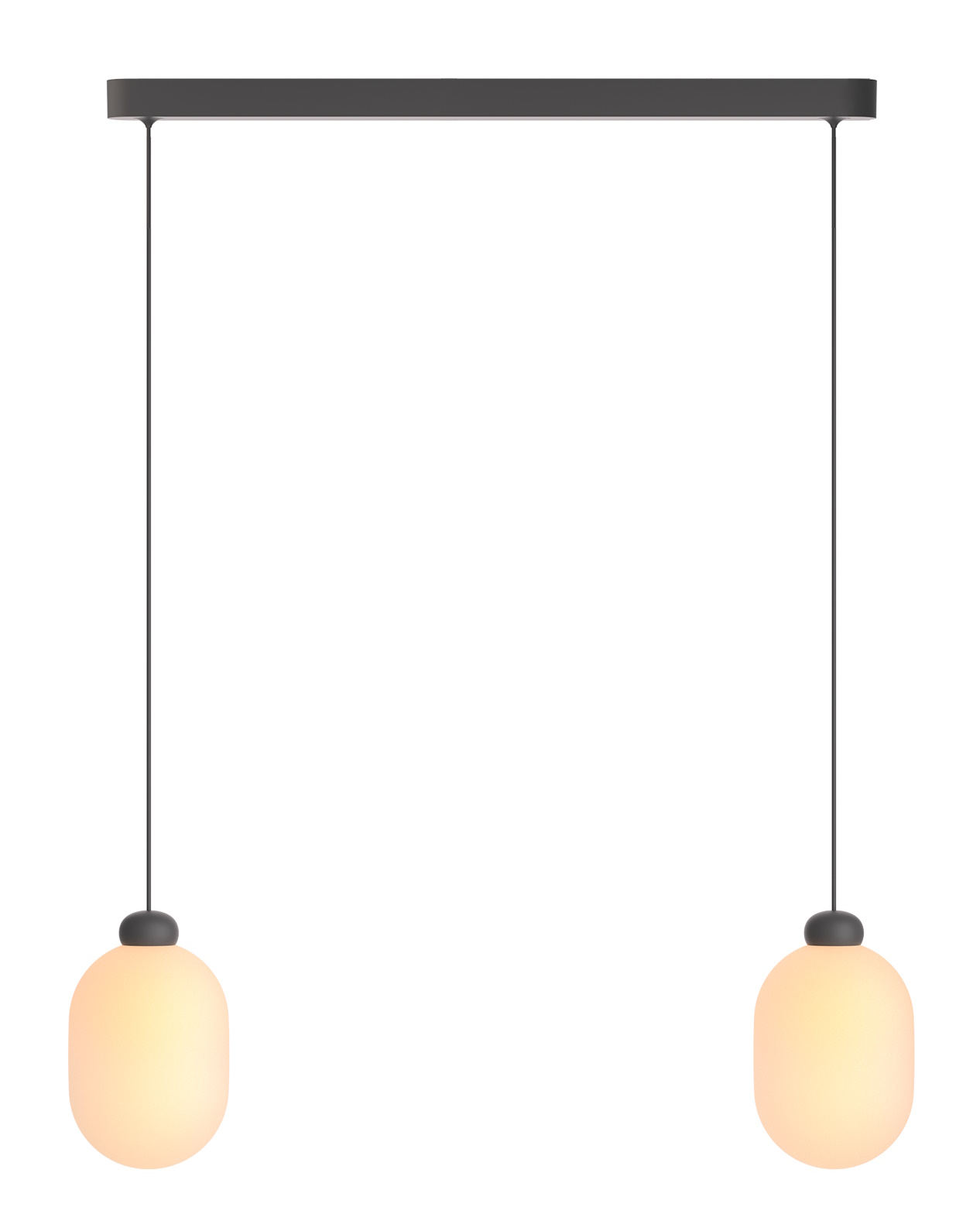 Graue Sun Duo Pendelleuchte mit zwei leuchtenden, ovalen Lampenschirmen und schwarzer Aufhängung. Moderne Hängelampe für Wohnzimmer.