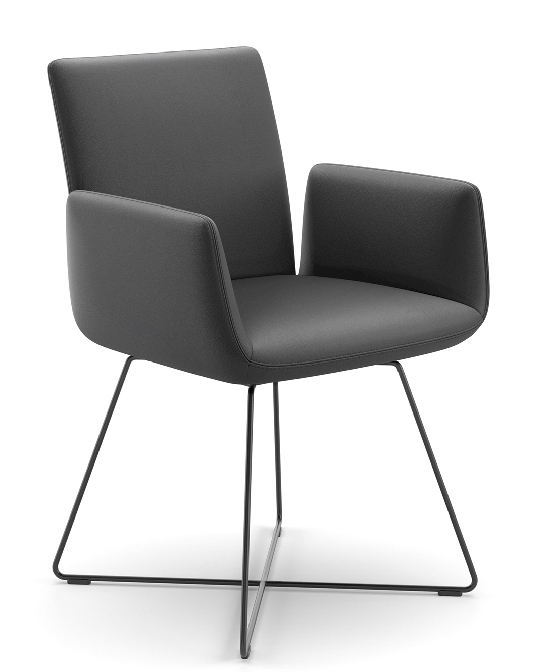 Grauer Jalis Stuhl mit Armlehnen und schwarzem Metallgestell. Moderner Design Stuhl für Wohnzimmer.