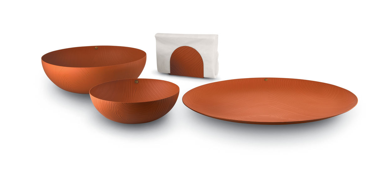 Braune Alessi Veneer Schalen und Serviettenhalter, PU06/29 BR, aus Holzfurnier, modernes Design.