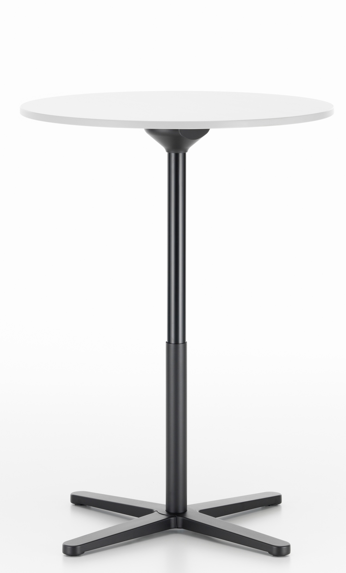 Weißer, runder Vitra Stehtisch "Super Fold Table High" mit schwarzem Fuß. Faltbarer Bistrotisch.
