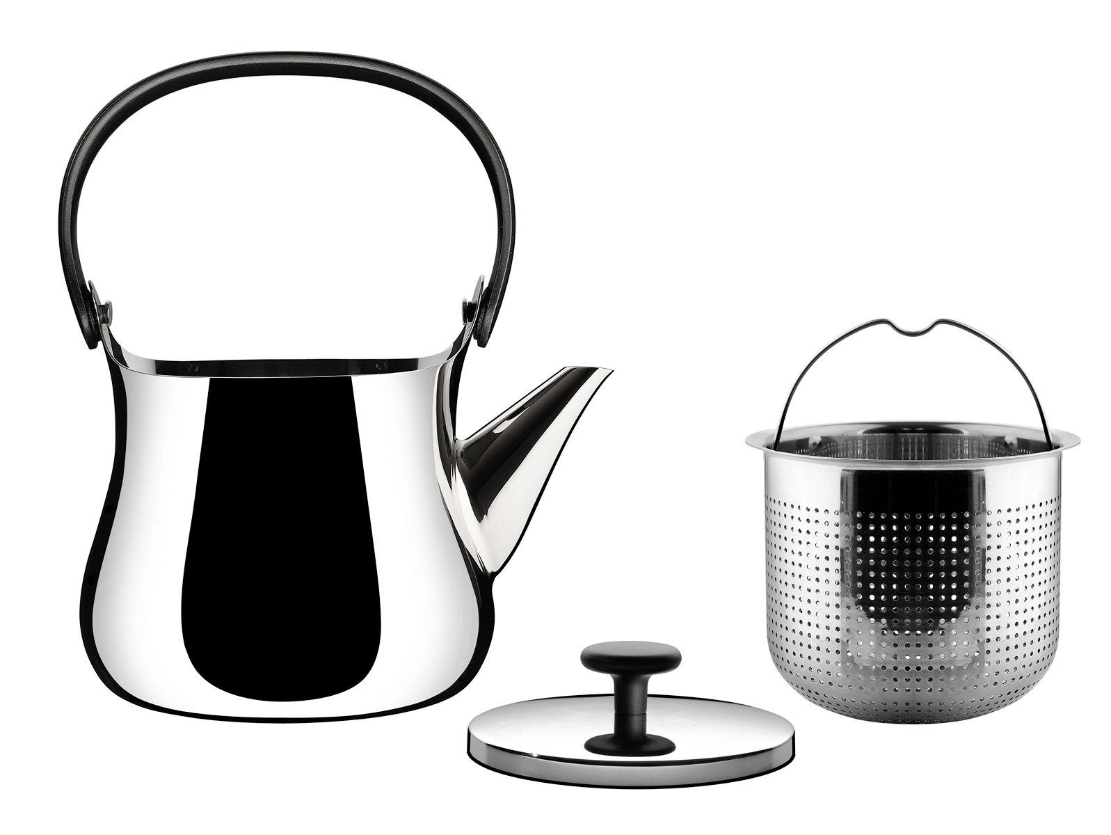 Alessi Cha Teekanne mit Teesieb und Deckel aus poliertem Edelstahl.