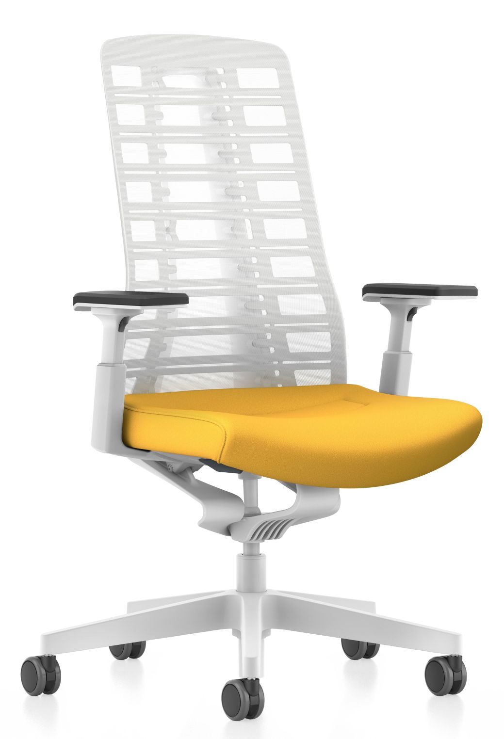 PUREis3 Drehstuhl mit gelbem Sitz und weißem Netzrücken, ergonomischer Bürostuhl für gesundes Sitzen.