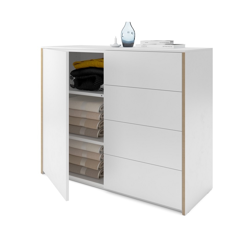 Weisse Modular Plus Kommode von Müller Möbelwerkstätten mit offener Tür links.