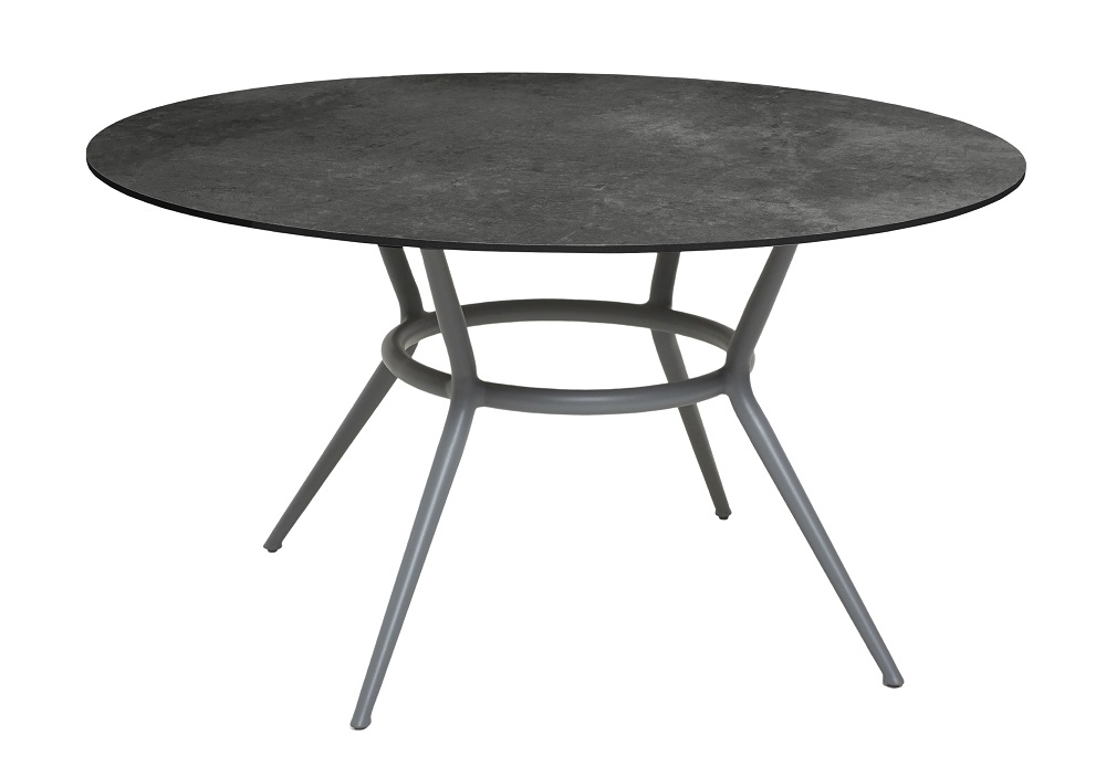 Joy Outdoor Esstisch, rund, hellgraues Gestell, dunkle Kompaktlaminat-Tischplatte. Moderner Gartentisch für Terrasse und Balkon.