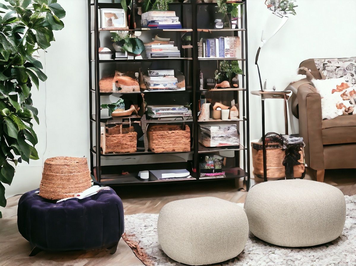 Nana Pouf S Hocker von Freifrau Manufaktur in Lila und Beige, moderne Sitzmöbel für Wohnzimmer.