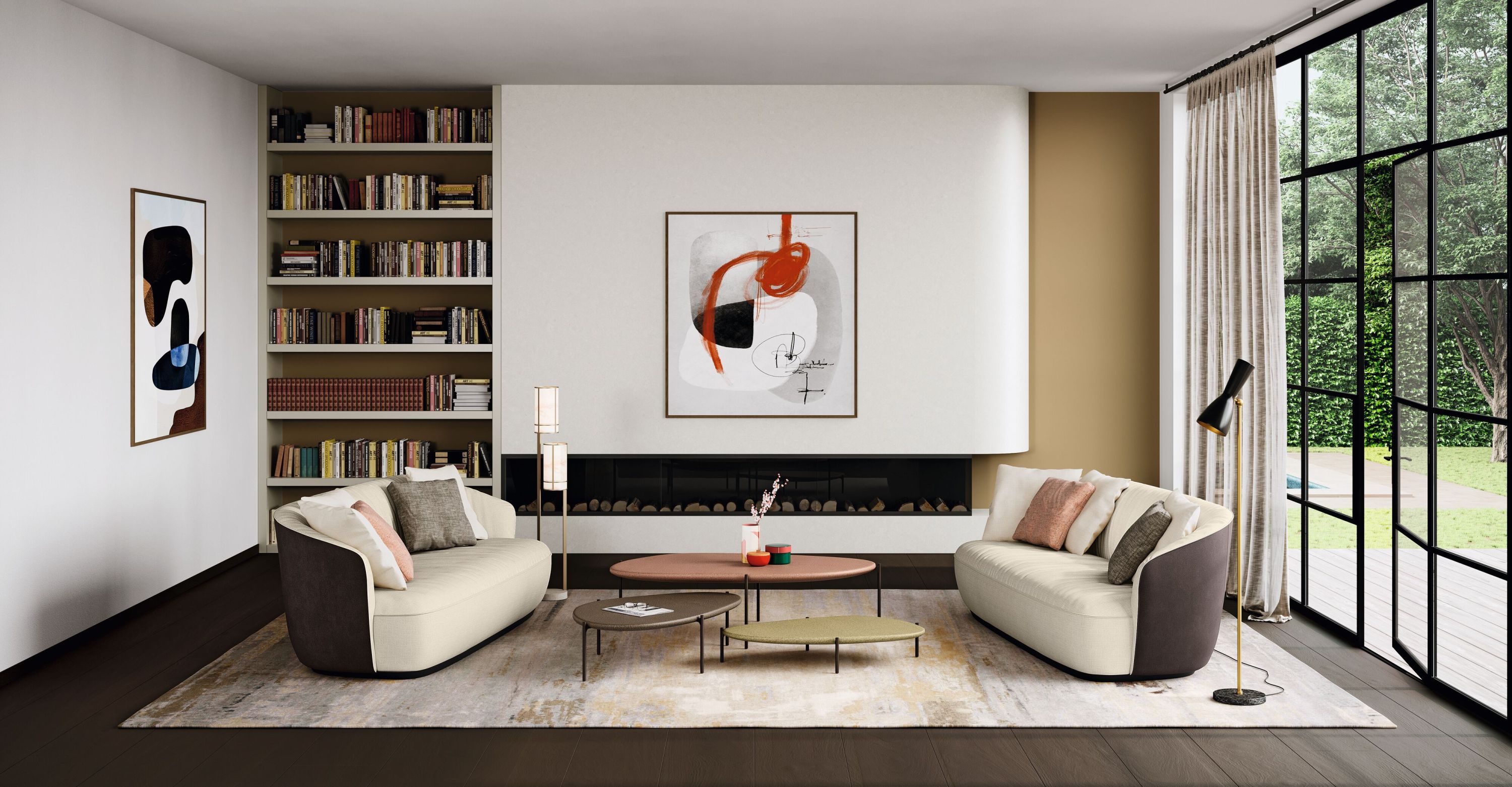 Wohnzimmer mit zwei Ishino Sofas von Walter Knoll, Couchtischen und Bücherregal.