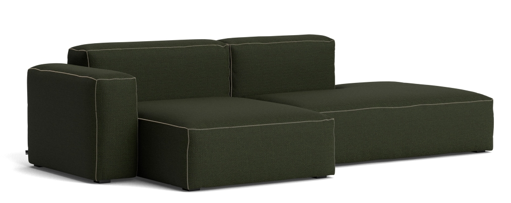 Mags Soft Sofa Low 2,5-Sitzer Combination 3 mit Armlehne links Hay Stoff Maglia Dunkelgrün mit Beige Naht