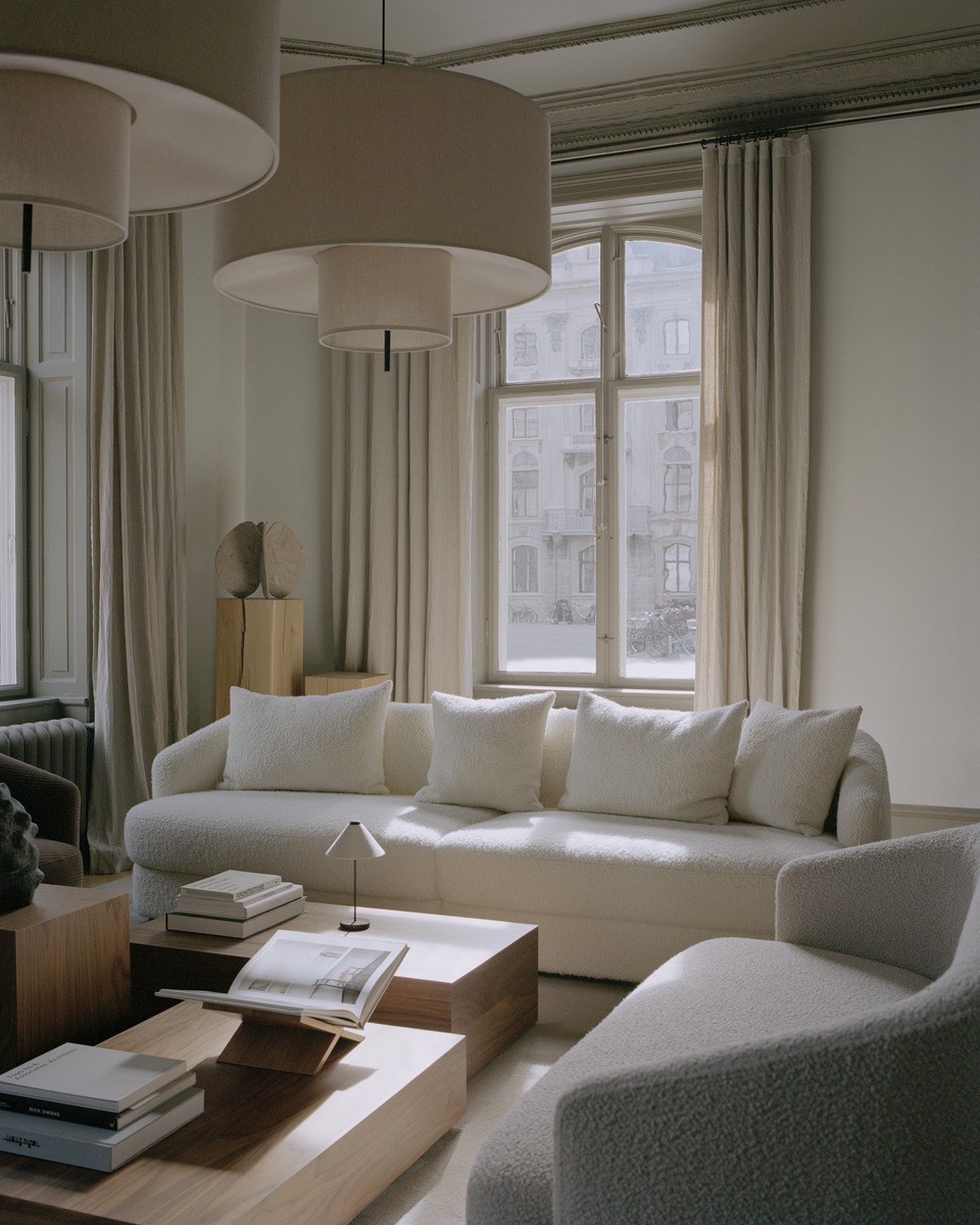 Helles Wohnzimmer mit New Works Covent Sofa, weißen Kissen und modernen Couchtischen aus Holz.