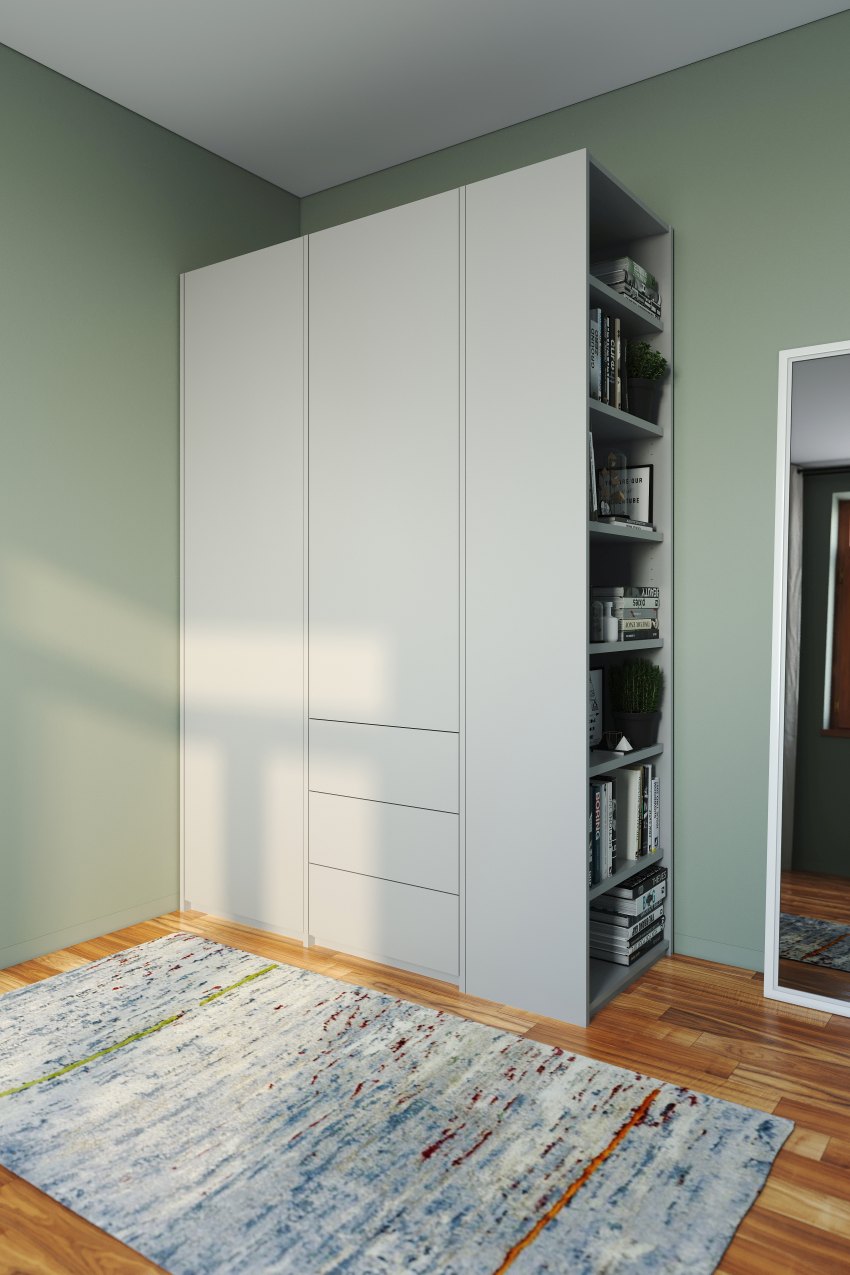 MODULAR PLUS Schrank von Müller Möbelwerkstätten mit Anbauregal und drei Schubkästen in Weiß.