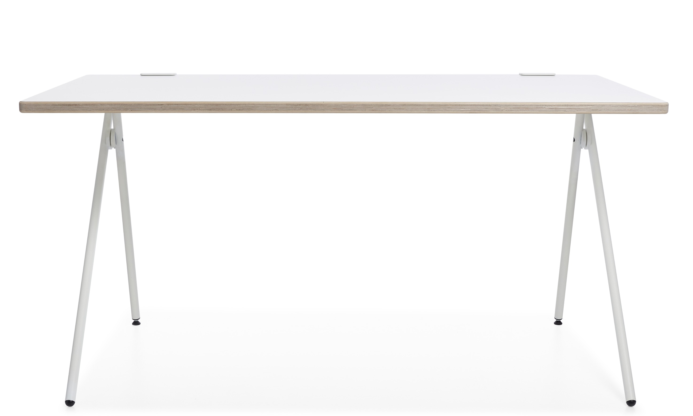 Weißer Plato Klappsekretär von Müller Möbelwerkstätten mit hellem Holzrand und weißen Beinen.