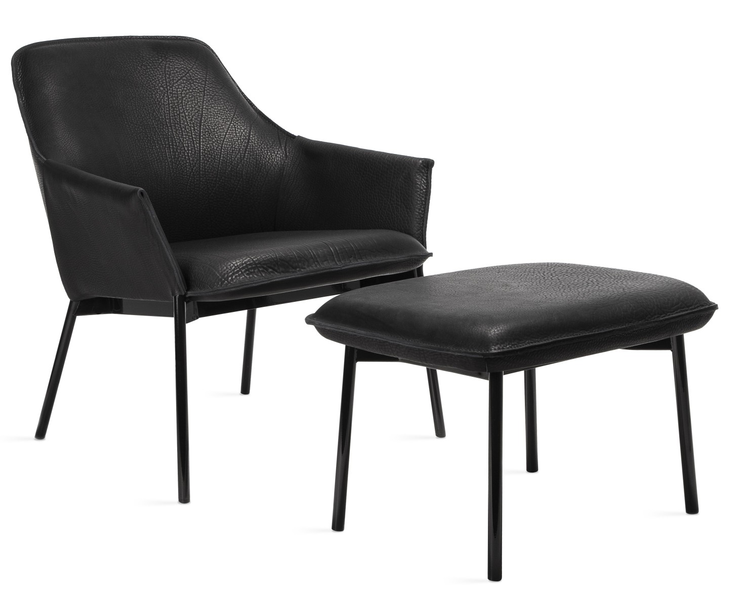 Schwarzer Grace Sessel mit Hocker von Freifrau Manufaktur, Ledersessel mit Fußhocker, modernes Möbeldesign.