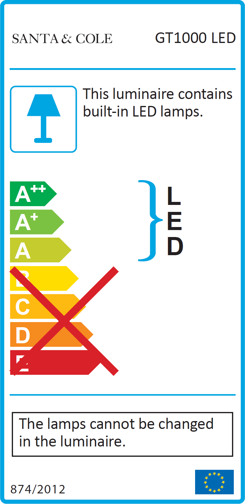 Energielabel der GT1000 LED Pendelleuchte von Santa & Cole mit integrierten LED-Lampen.