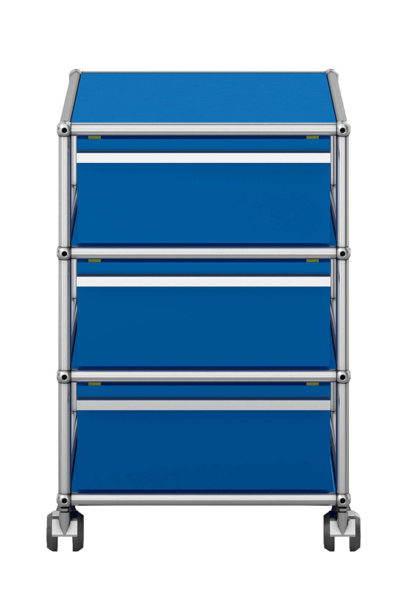USM Haller Rollcontainer in Enzianblau mit drei Schubladen und verchromtem Gestell, Frontansicht.