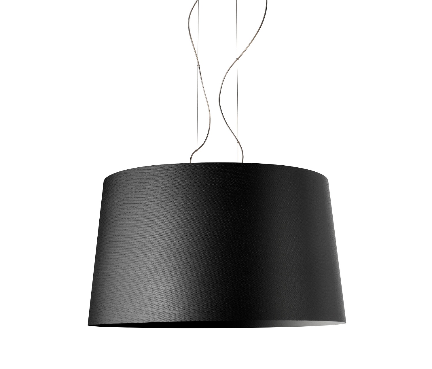 Schwarze Twice as Twiggy Pendelleuchte von Foscarini, moderne Hängelampe mit großem Lampenschirm und filigranen Aufhängungsseilen.