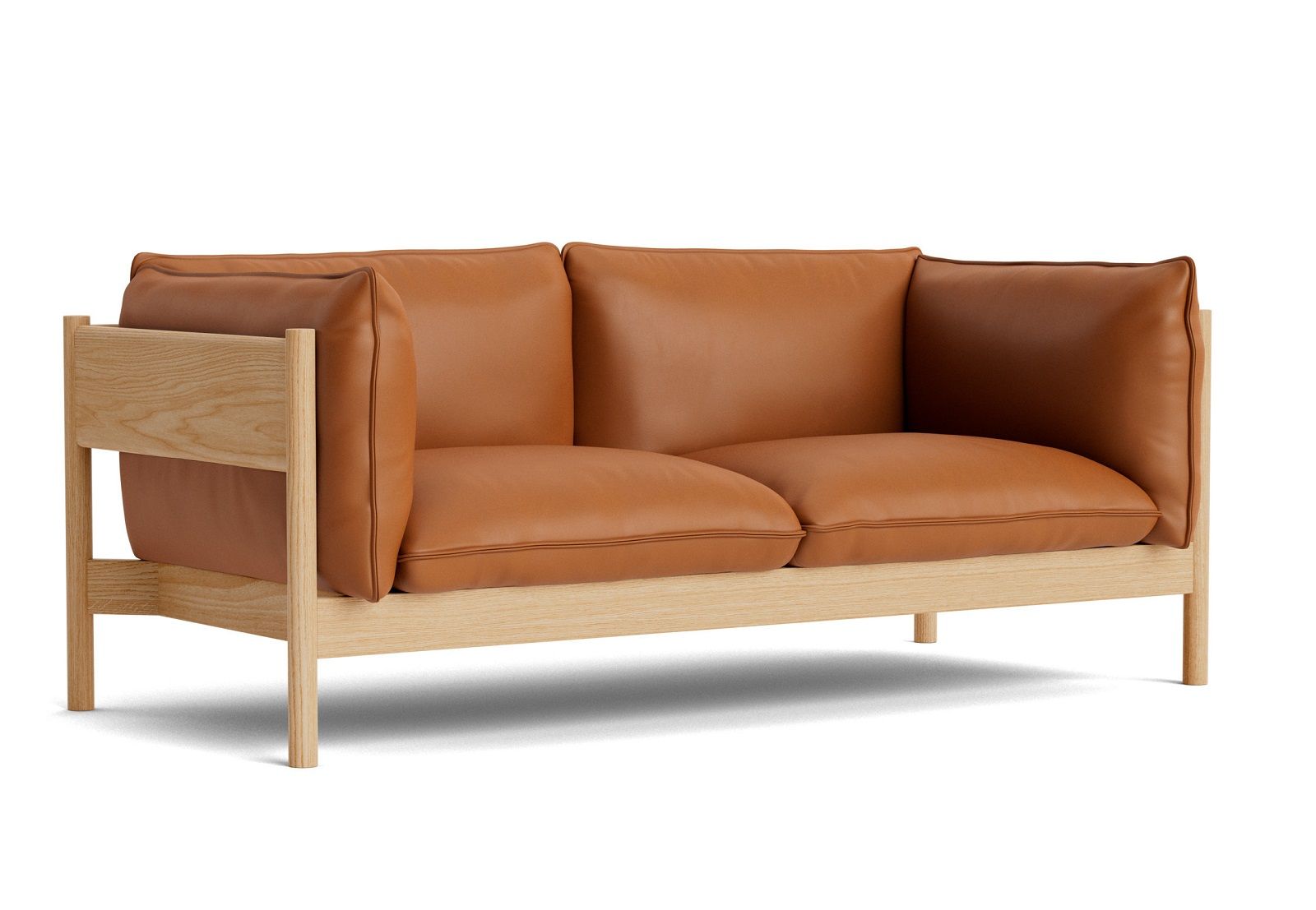 Arbour Sofa von Hay, 2-Sitzer in braunem Leder mit hellem Holzrahmen. Modernes Design.