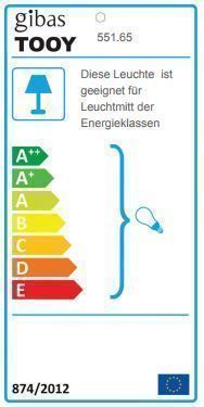 Energieeffizienzlabel der Tooy Macao 551.65 Standleuchte, das die Energieeffizienzklasse A++ bis E zeigt.