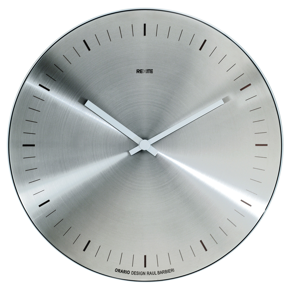 Edelstahl Wanduhr von Rexite, Modell Orario, ohne Ziffern, minimalistisches Design für moderne Wohnräume.