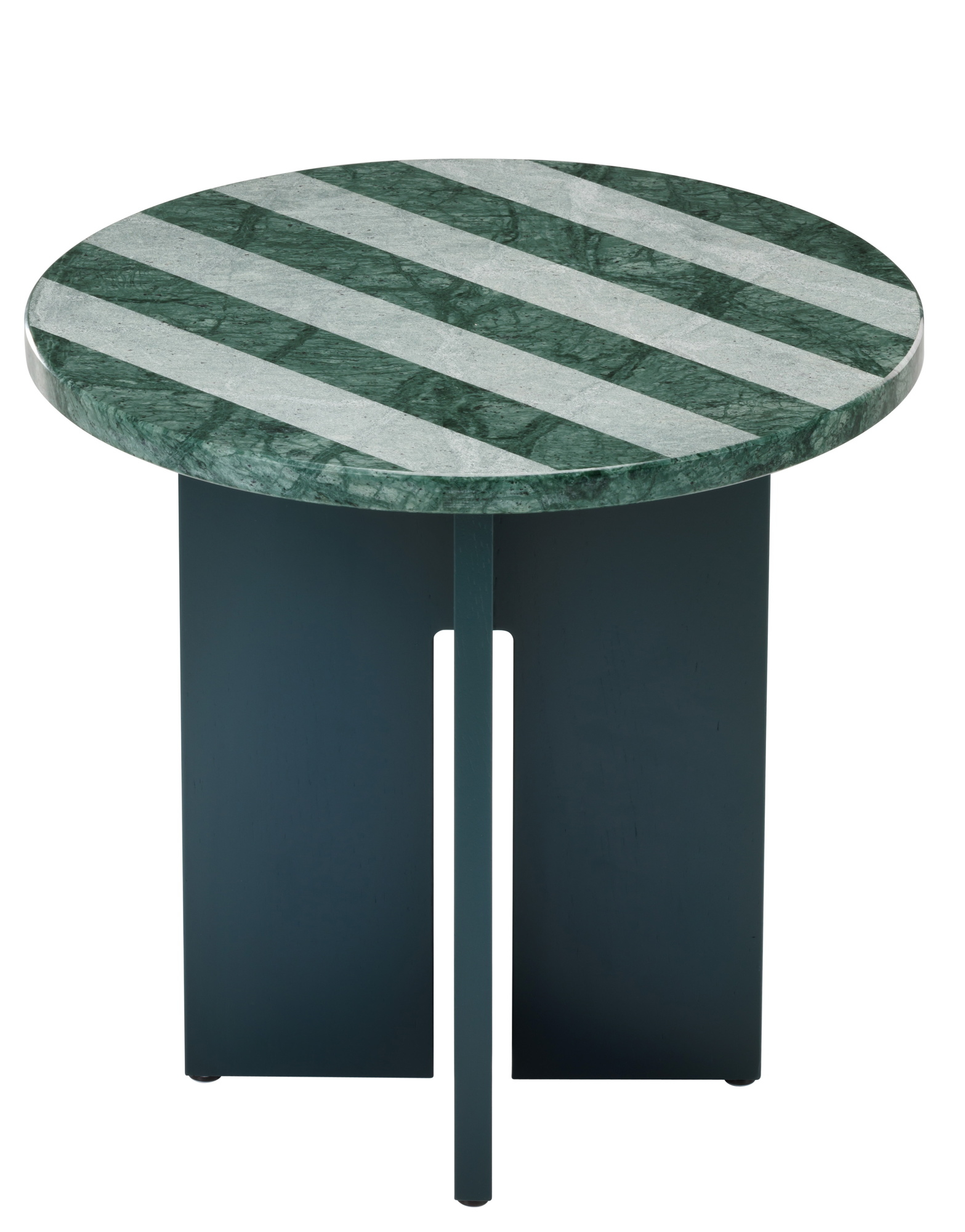 Sediment Side Table mit runder Tischplatte aus grünem Marmor mit weißen Streifen.